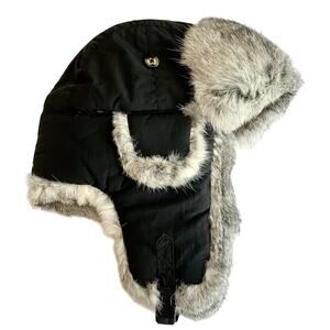 Rabbit Fur Trapper Hat XL Mad Bomber Black W/ Ear Flaps & Chin Strap - Aviator